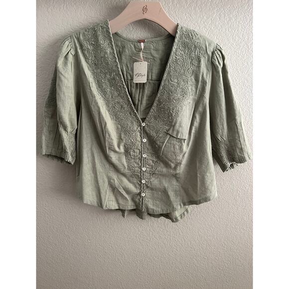 Free People Laurie Embroidered Blouse / Green Tea Leaves - Picture 1 of 6